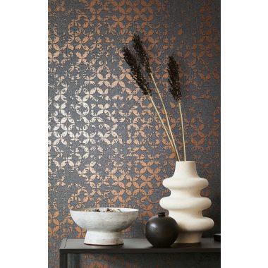   Elegáns szövet alapon apró koptatott mintás dekor vinyl tapéta antracit alapon bronz színben