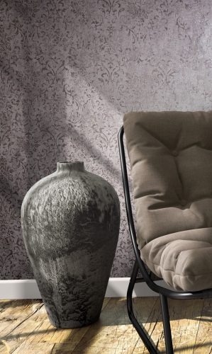 Barokk mintás romantikus indás vintage fémes szürkésbarna alapon rosegold vinyl dekor tapéta