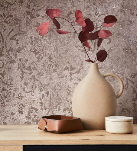 Barokk mintás romantikus indás vintage fémes szürkésbarna alapon rosegold vinyl dekor tapéta