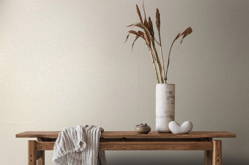 Krém színű alapon gyöngyház becsillanásos lenvászon hatású szövet struktúrájú vinyl tapéta