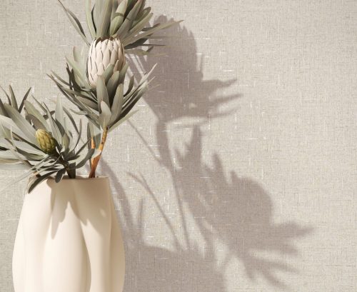 Krém színű alapon gyöngyház becsillanásos lenvászon hatású szövet struktúrájú vinyl tapéta