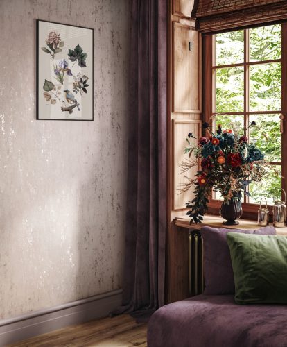 Enyhén mályvás színű beton hatású modern foltos vinyl tapéta