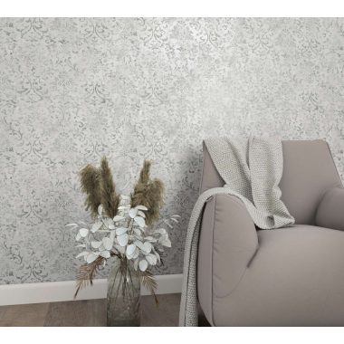   Barokk mintás romantikus indás vintage fémes szürke beton alapon ezüst vinyl dekor tapéta