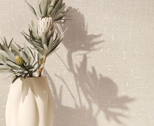 Bézs/Grézs alapon fémes becsillanásos lenvászon hatású szövet struktúrájú vinyl tapéta