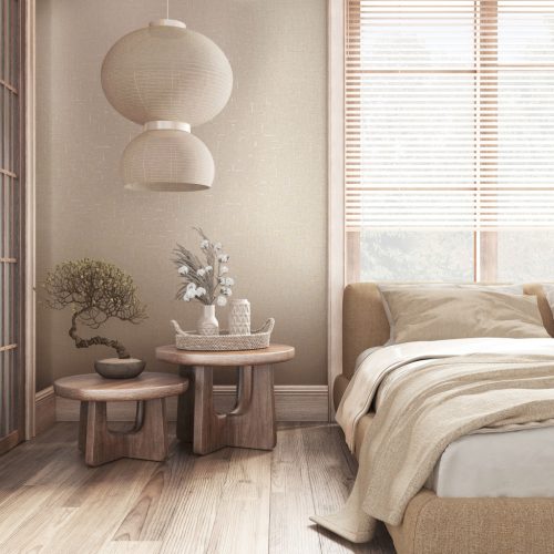 Bézs/Grézs alapon fémes becsillanásos lenvászon hatású szövet struktúrájú vinyl tapéta