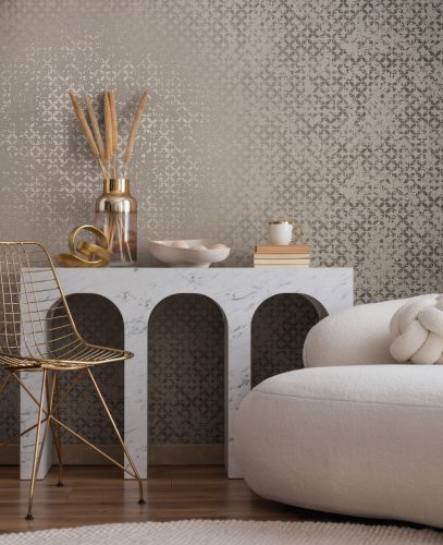 Elegáns szövet alapon apró koptatott mintás dekor vinyl tapéta szürke-ezüst színben