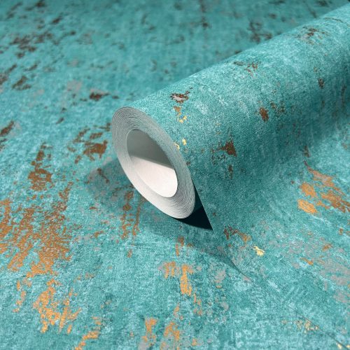Türkiz alapon arany színű beton hatású modern foltos vinyl tapéta