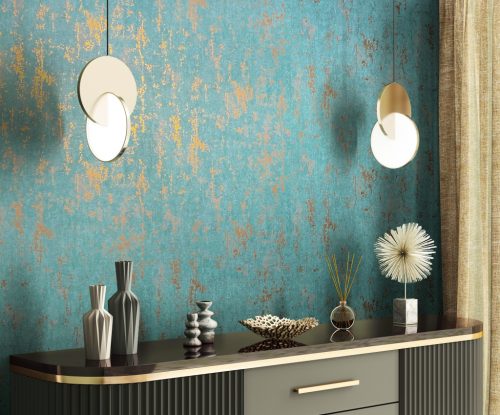 Türkiz alapon arany színű beton hatású modern foltos vinyl tapéta