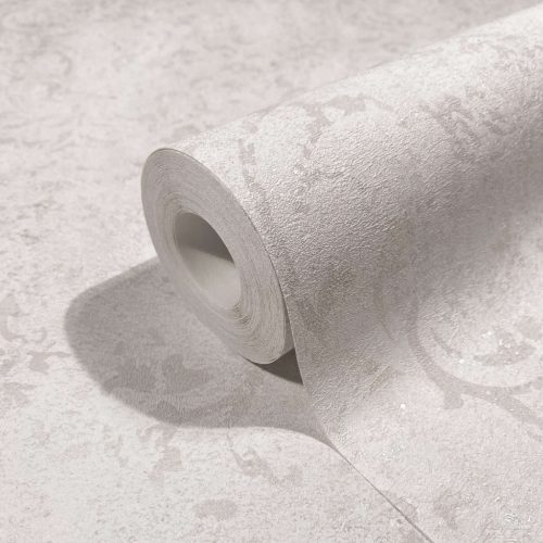 Barokk mintás romantikus indás vintage fémes fehér beton alapon szürke vinyl dekor tapéta