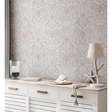   Romantikus inda és virág mintás klasszikus vintage dekor tapéta bézs alapon lila és rózsaszín