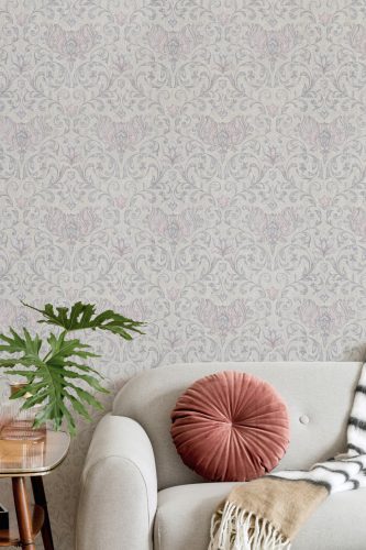 Romantikus inda és virág mintás klasszikus vintage dekor tapéta bézs alapon lila és rózsaszín