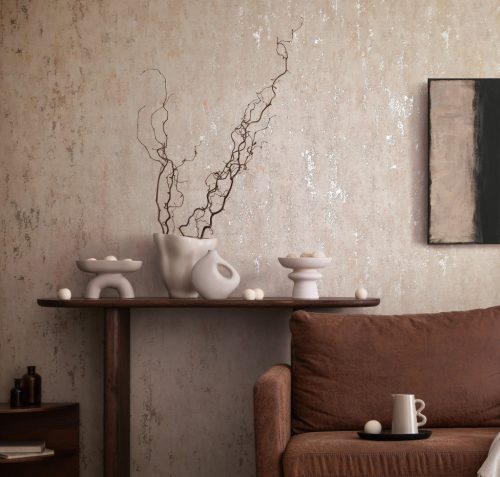 Terrakotta színű beton hatású modern, fémes foltos vinyl tapéta