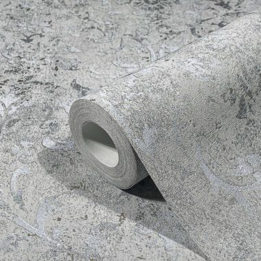   Barokk mintás romantikus indás vintage fémes szürke  alapon pezsgő ezüst vinyl dekor tapéta