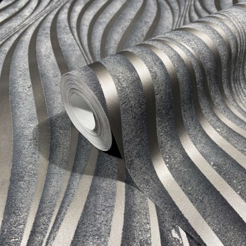 3D hullám mintás fémes antracit ezüst modern vinyl dekor tapéta