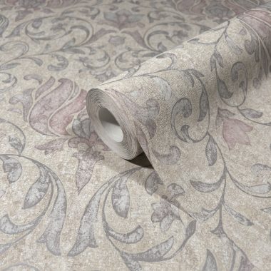   Romantikus inda és virág mintás klasszikus vintage dekor tapéta bézs alapon lila és rózsaszín