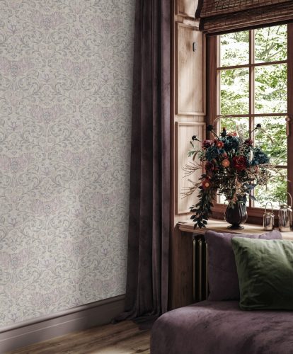 Romantikus inda és virág mintás klasszikus vintage dekor tapéta bézs alapon lila és rózsaszín