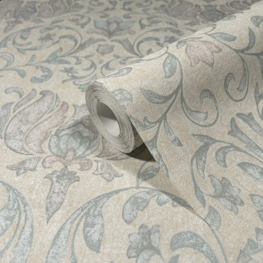   Romantikus inda és virág mintás klasszikus vintage dekor tapéta bézs alapon kék, lila és fáradt rózsaszín