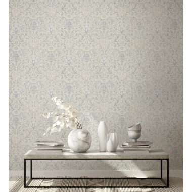   Romantikus inda és virág mintás klasszikus vintage dekor tapéta bézs alapon kék, lila és fáradt rózsaszín