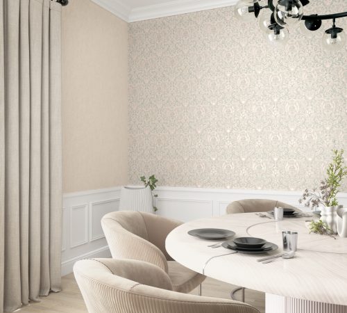 Romantikus inda és virág mintás klasszikus vintage dekor tapéta bézs alapon kék, lila és fáradt rózsaszín