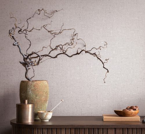 Enyhén mályvás-pezsgő alapon fémes - rozegold becsillanásos lenvászon hatású szövet struktúrájú vinyl tapéta