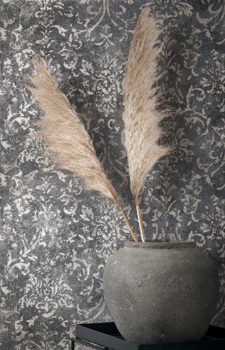 Barokk mintás romantikus indás vintage fémes antracit alapon  ezüst vinyl dekor tapéta