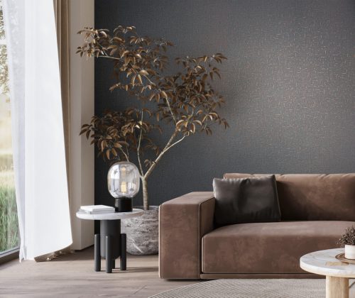 Antracit alapon bronz/fémes becsillanásos lenvászon hatású szövet struktúrájú vinyl tapéta