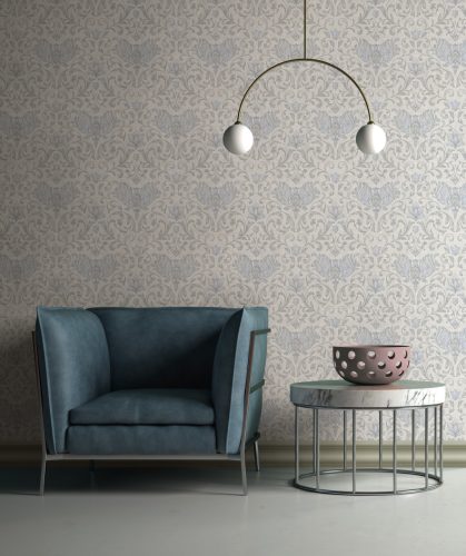 Romantikus inda és virág mintás klasszikus vintage dekor tapéta szürkés-fehér alapon hidegszürke