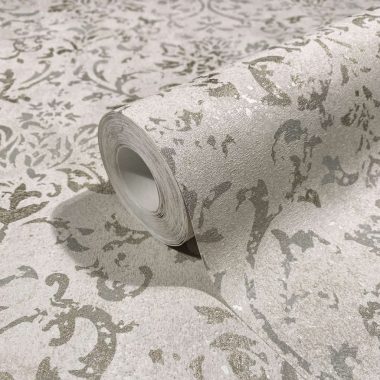   Barokk mintás romantikus indás vintage fémes bézs alapon pezsgő ezüst vinyl dekor tapéta