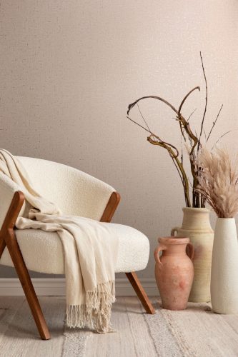 Világos terrakotta alapon fémes - arany becsillanásos lenvászon hatású szövet struktúrájú vinyl tapéta