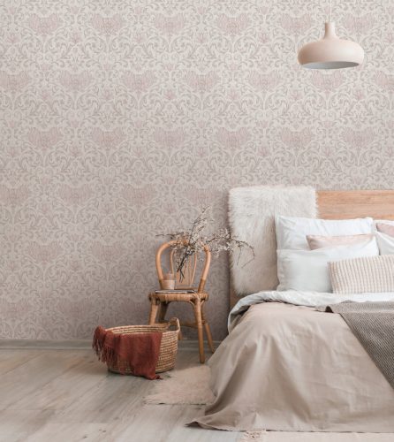 Romantikus inda és virág mintás klasszikus vintage dekor tapéta bézs alapon halvány rózsaszín