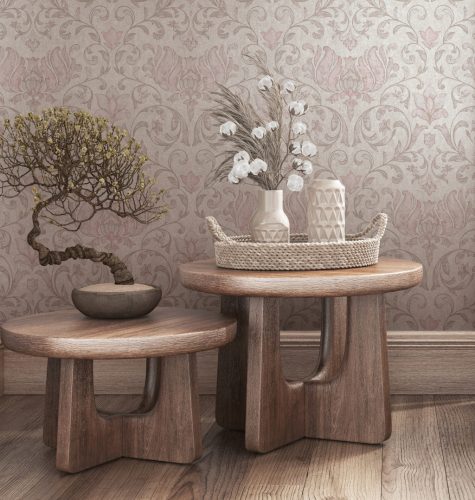 Romantikus inda és virág mintás klasszikus vintage dekor tapéta bézs alapon halvány rózsaszín