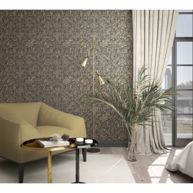   Barokk mintás romantikus indás vintage fémes fekete alapon arany vinyl dekor tapéta