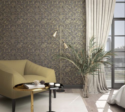 Barokk mintás romantikus indás vintage fémes fekete alapon arany vinyl dekor tapéta