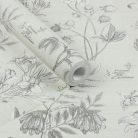 Bézs színű, vintage stílusú tapéta botanikus növényábrázolással latin nevekkel