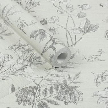   Bézs színű, vintage stílusú tapéta botanikus növényábrázolással latin nevekkel