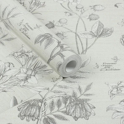 Bézs színű, vintage stílusú tapéta botanikus növényábrázolással latin nevekkel