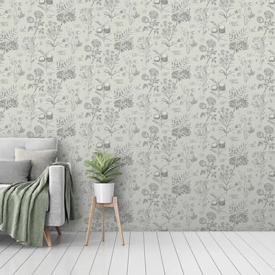 Bézs színű, vintage stílusú tapéta botanikus növényábrázolással latin nevekkel