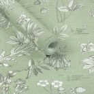 Zsályazöld színű, vintage stílusú tapéta botanikus növényábrázolással latin nevekkel