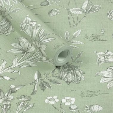   Zsályazöld színű, vintage stílusú tapéta botanikus növényábrázolással latin nevekkel