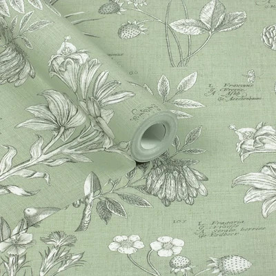 Zsályazöld színű, vintage stílusú tapéta botanikus növényábrázolással latin nevekkel