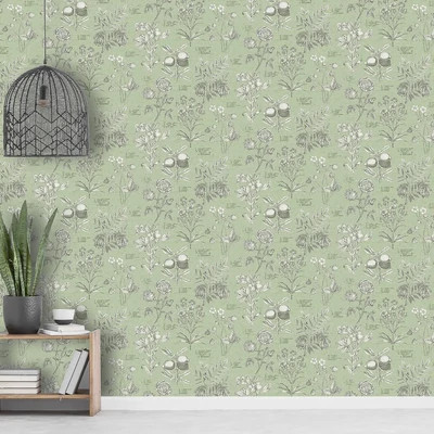 Zsályazöld színű, vintage stílusú tapéta botanikus növényábrázolással latin nevekkel