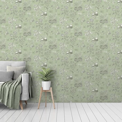 Zsályazöld színű, vintage stílusú tapéta botanikus növényábrázolással latin nevekkel