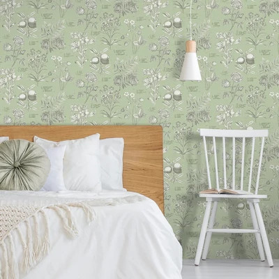 Zsályazöld színű, vintage stílusú tapéta botanikus növényábrázolással latin nevekkel