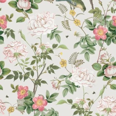   Elragadó rózsakert mintás tapéta, méhecskékkel és madarakkal