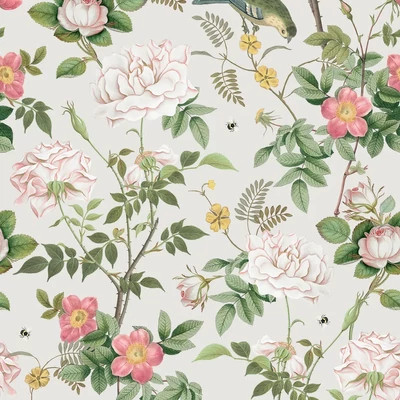 Elragadó rózsakert mintás tapéta, méhecskékkel és madarakkal