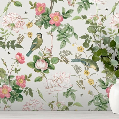 Elragadó rózsakert mintás tapéta, méhecskékkel és madarakkal