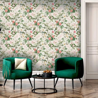 Elragadó rózsakert mintás tapéta, méhecskékkel és madarakkal