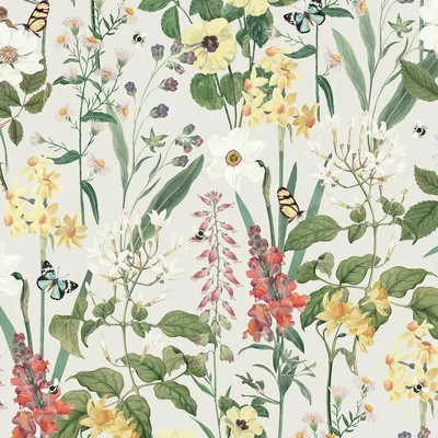 Nárcisz, árvácska, csillagjázmin, tátika virágos bohém tapéta színpompás pillangókkal és méhekkel