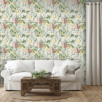 Nárcisz, árvácska, csillagjázmin, tátika virágos bohém tapéta színpompás pillangókkal és méhekkel