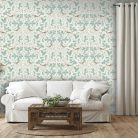 Bájos, tölgyfalevél mintás tapéta makkokkal és énekesrigókkal világos alapon zöld díszítéssel